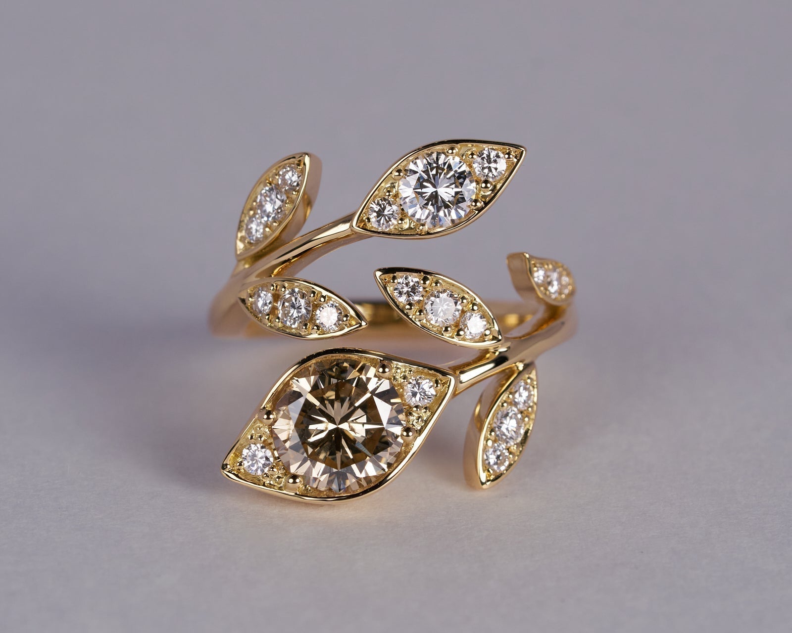 440showroom-ジュエリーリフォーム-ブラウンダイヤモンド-1.4ct-リーフリング-植物モチーフ-K18ゴールド-東京アトリエ